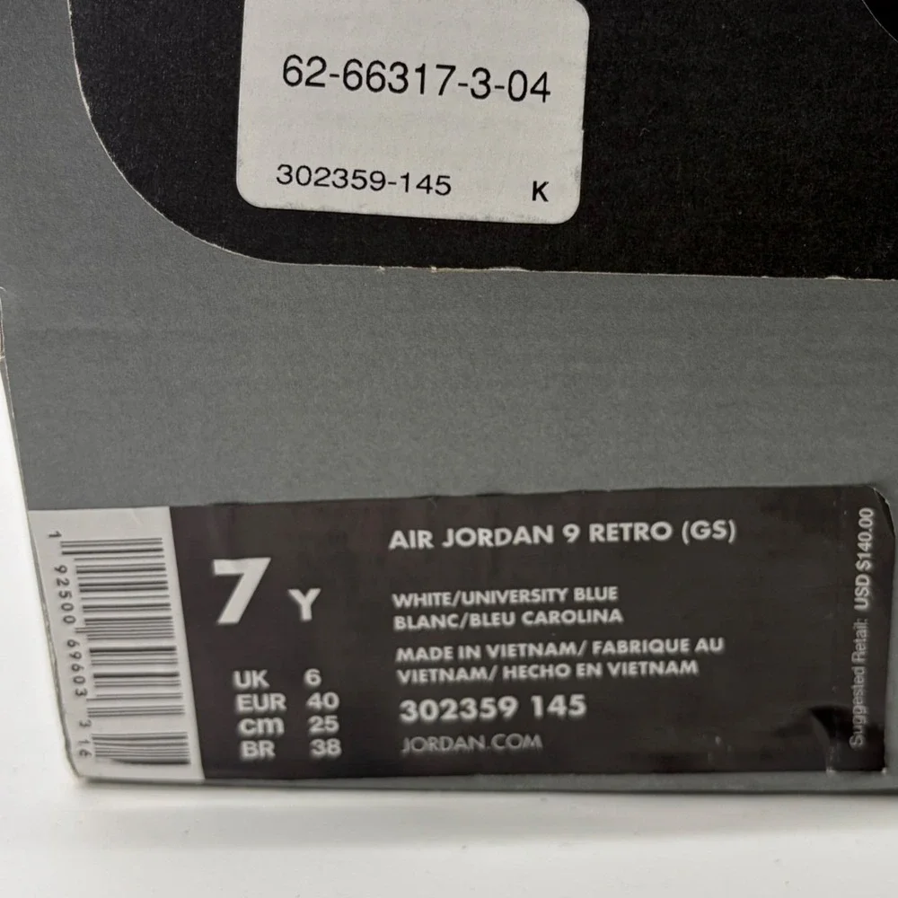 Air Jordan 9 Retro GS White University Blue Navy Sneakers 302359-145 size 7Y